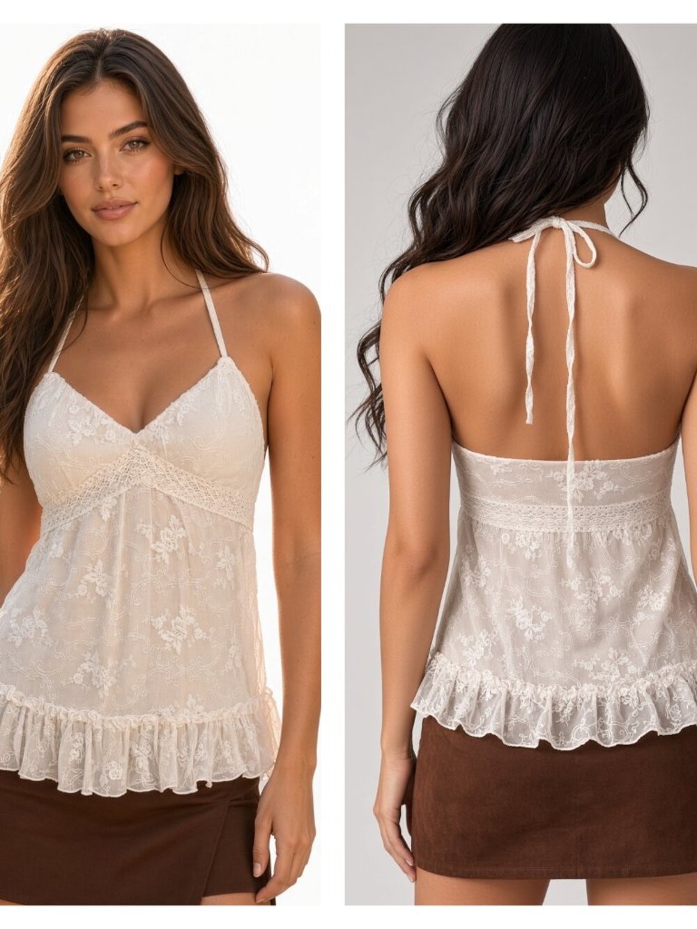 Sue Wong Chiffon Y2K Halter Beige Cream Embroidered Lace Top Fairy Art Deco 14